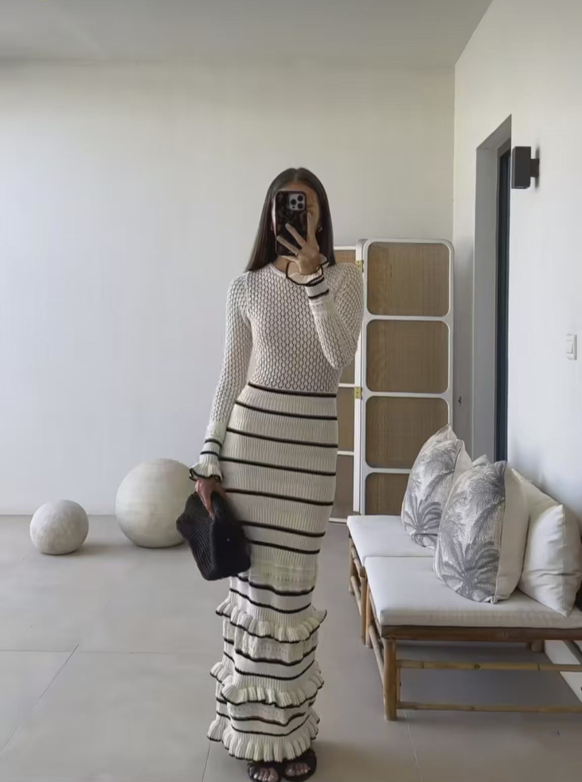 Autumn Winter Ruffle Knitting Ladies Slim Contrast Color Patchwork Elegant Long Dress 5