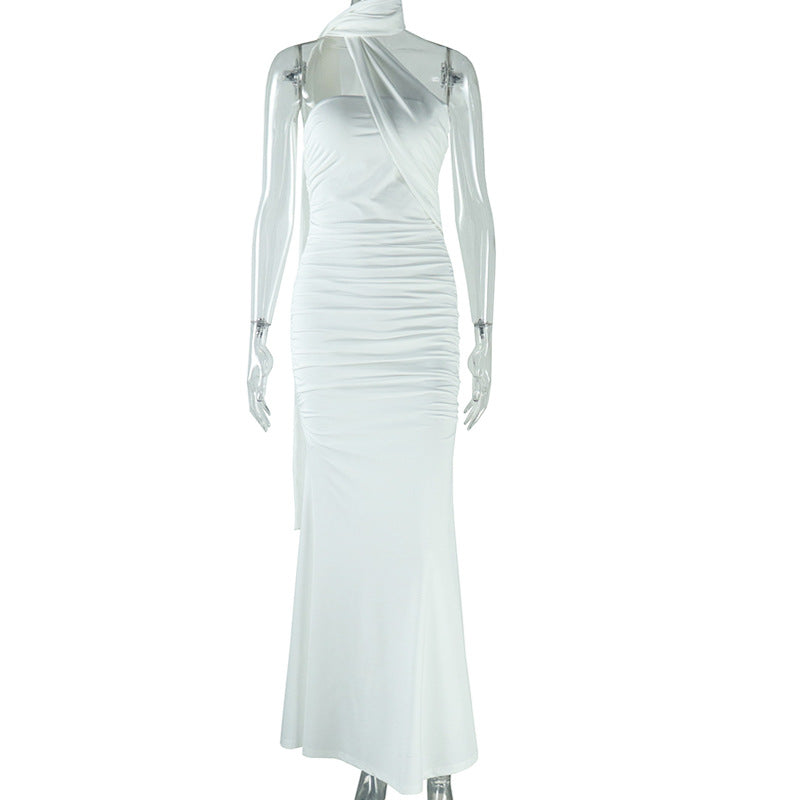 Women Sexy Backless Solid Halter Neck Slit Dress 17