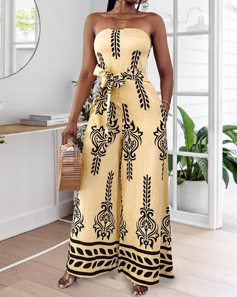 Print Strapless Belt Wide Leg Jumpsuit