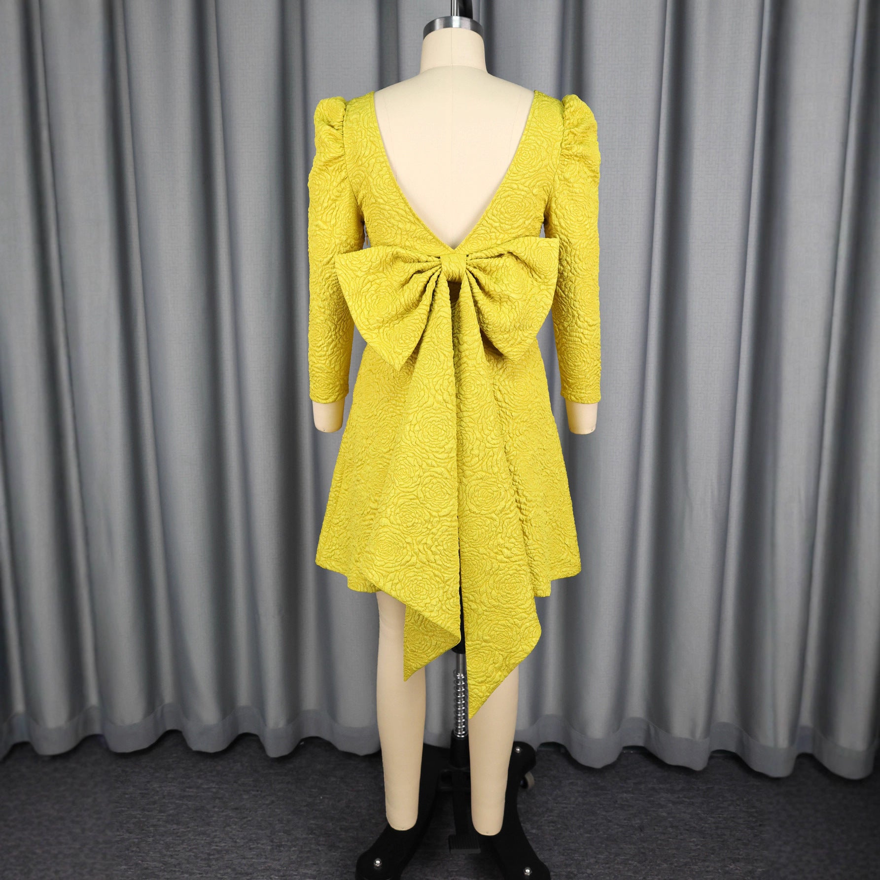 Square Neck Jacquard Puff Long Sleeve Short Dress Bow Low Back Design Elegant Party Evening Gown Dresses 5