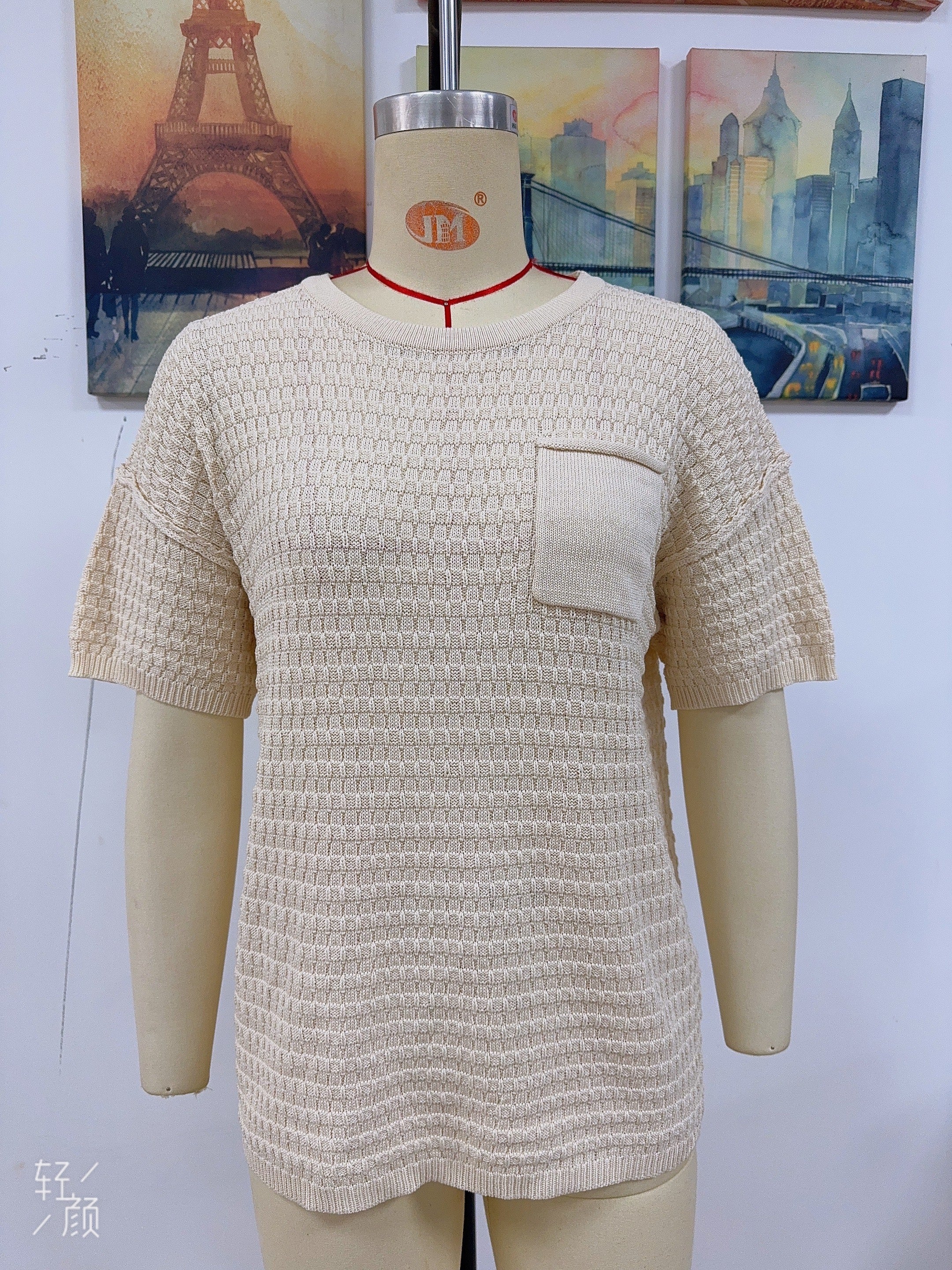 Women Spring and Summer Pocket Short Sleeve Solid knitting Blouse 18