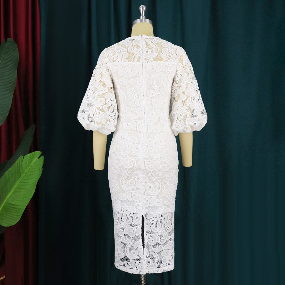Plus Size Women Lantern Sleeve Vintage Lace Cut Out Bodycon Dress 6