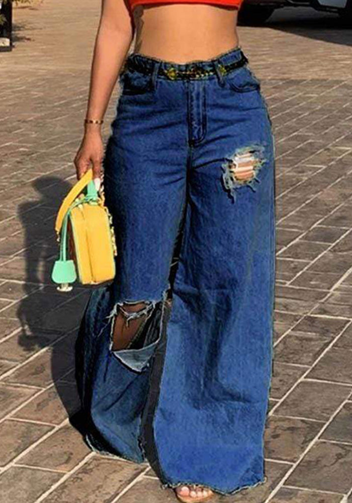 Sexy Women's Irregular Ripped Loose Denim Pants