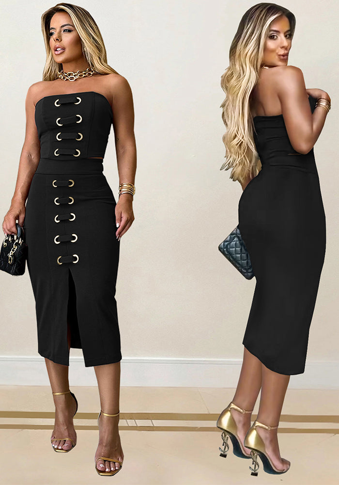 sexy Strapless top split skirt elegant fashion summer women's two piece set