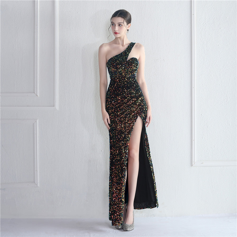 Velvet Sequin Magic Multi-Color One Shoulder Party Wedding Dinner Mermaid Long Evening Gown 16