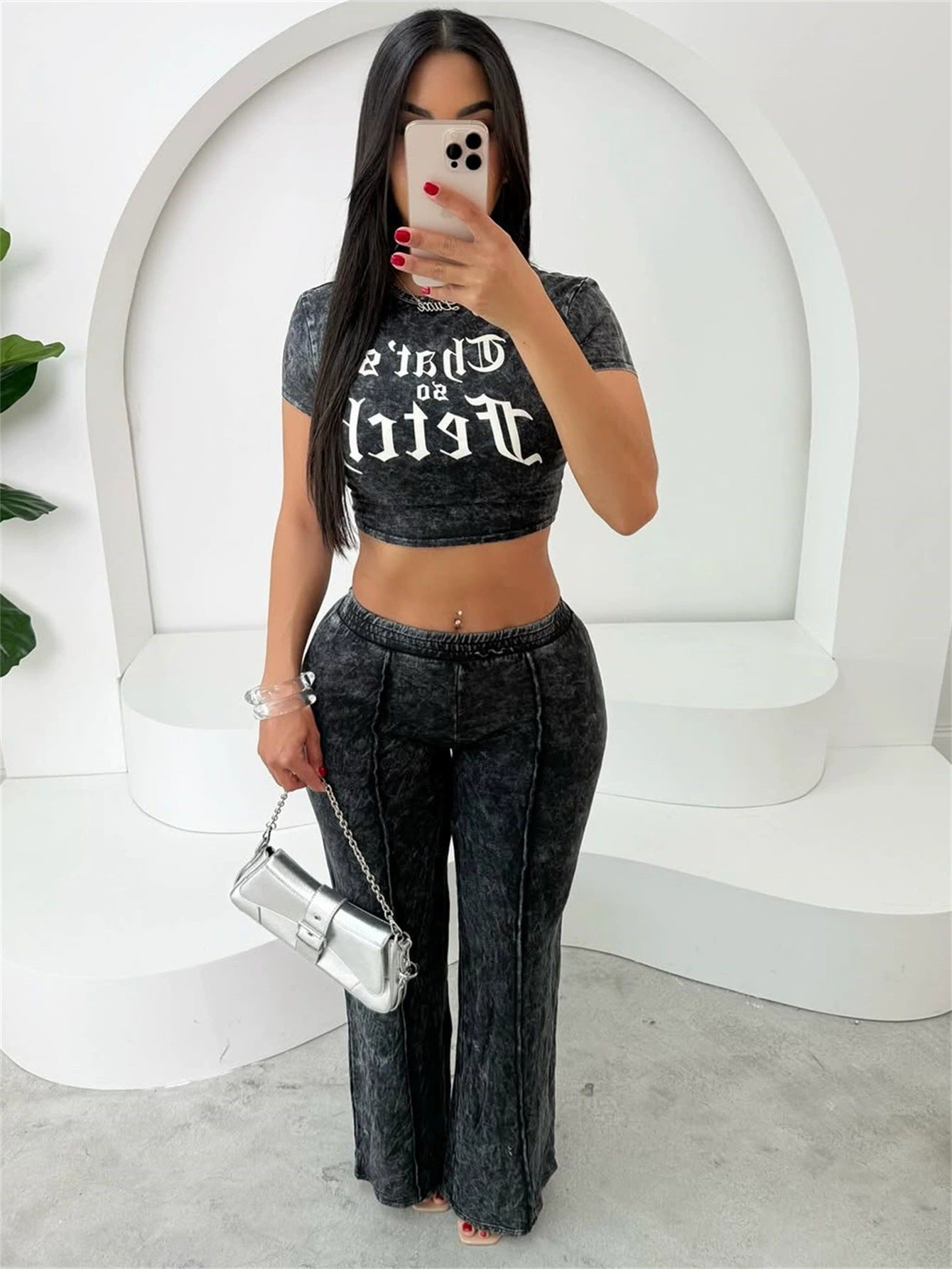 Women High Street Hiphop Print Short Short Sleeve Top Straight Pants Set 4