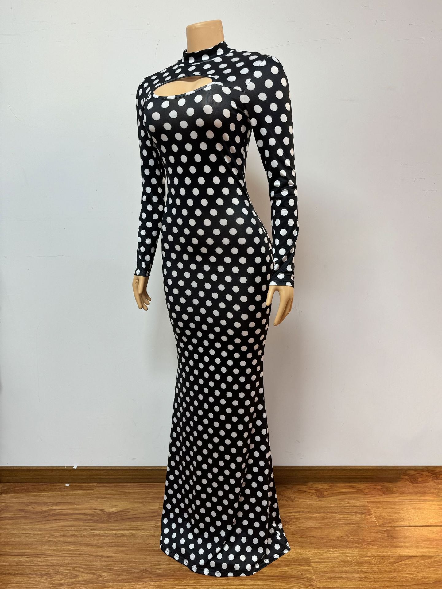 Women printed half-high collar hollow sexy long-sleeved polka dot dress 6