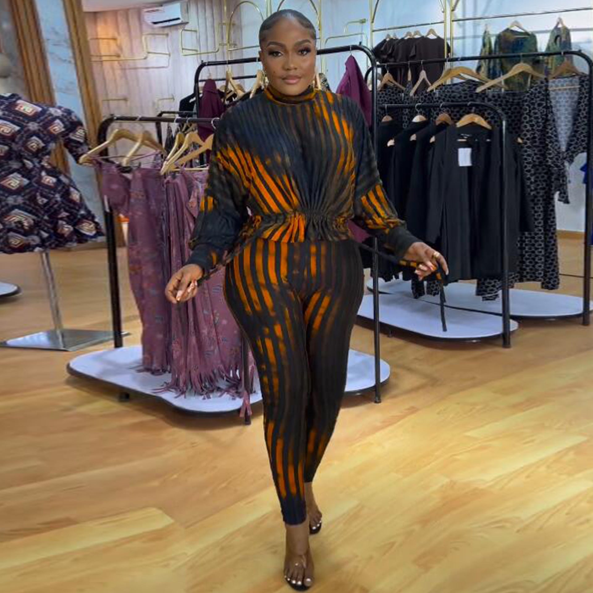 Sexy Striped Printed Drawstring Tight Fitting two piece pants Set