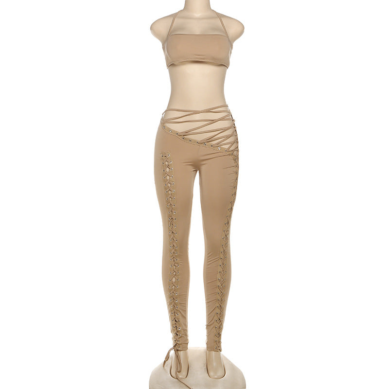 Women Fall Solid Halter Neck Lace-Up Top and Pants Two-piece Set 23