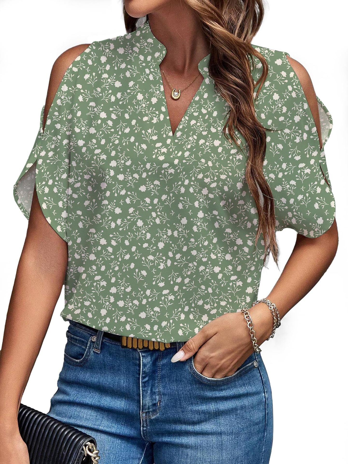 Women's Summer Solid Color V-Neck Cutout Short Sleeves Chic Fashion Women's Top 29
