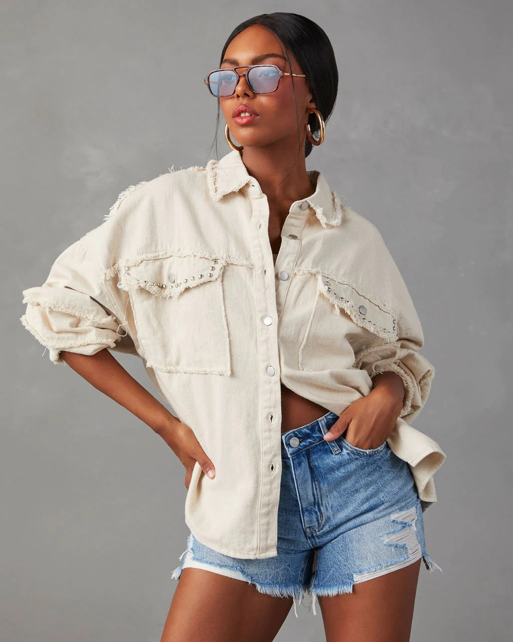 Women Autumn Rivets Turndown Collar Beard Denim Jacket 4