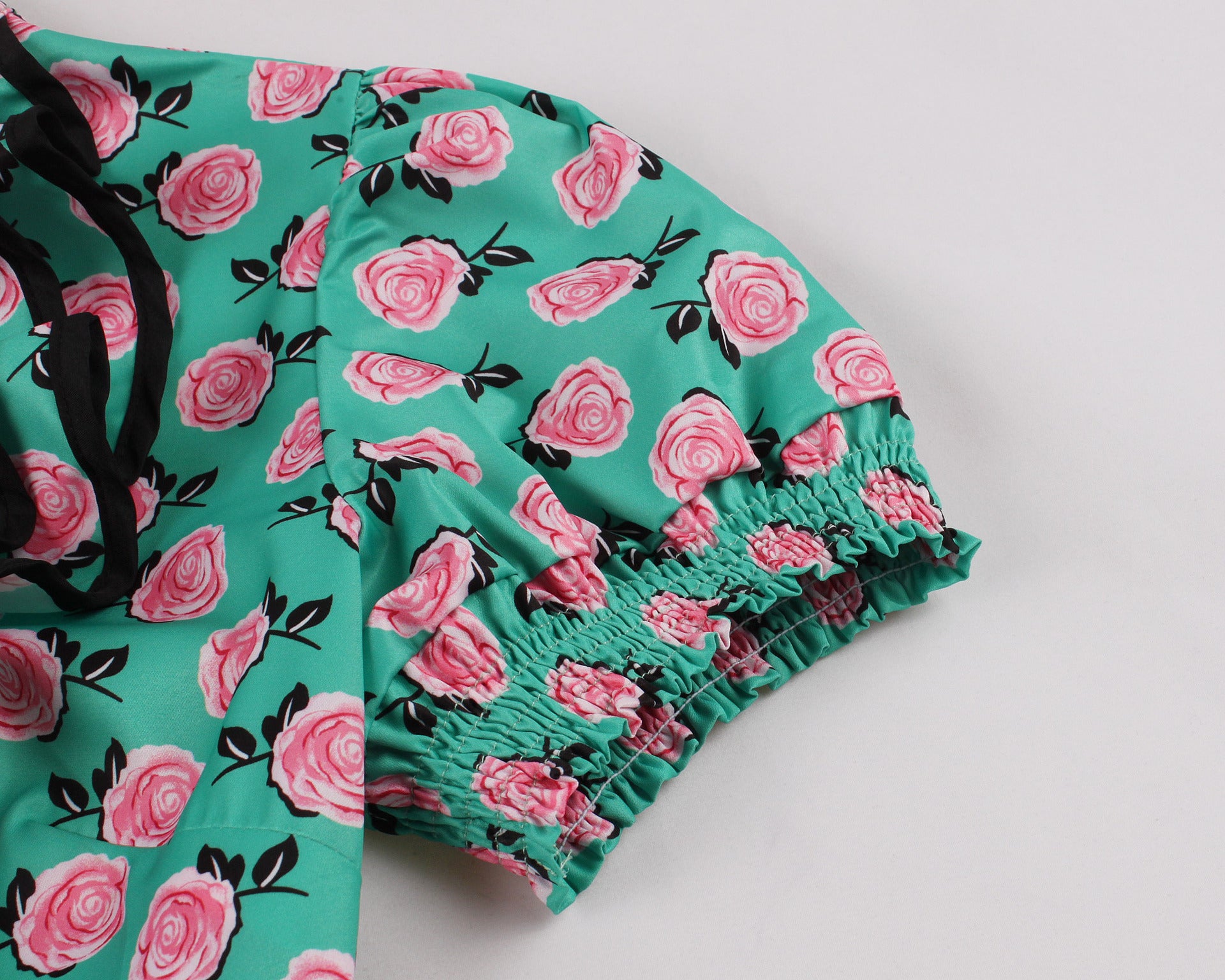 Lace Slim Waist Short Sleeve Rose Print High Waist Chic Retro Swing Dress For Women 13