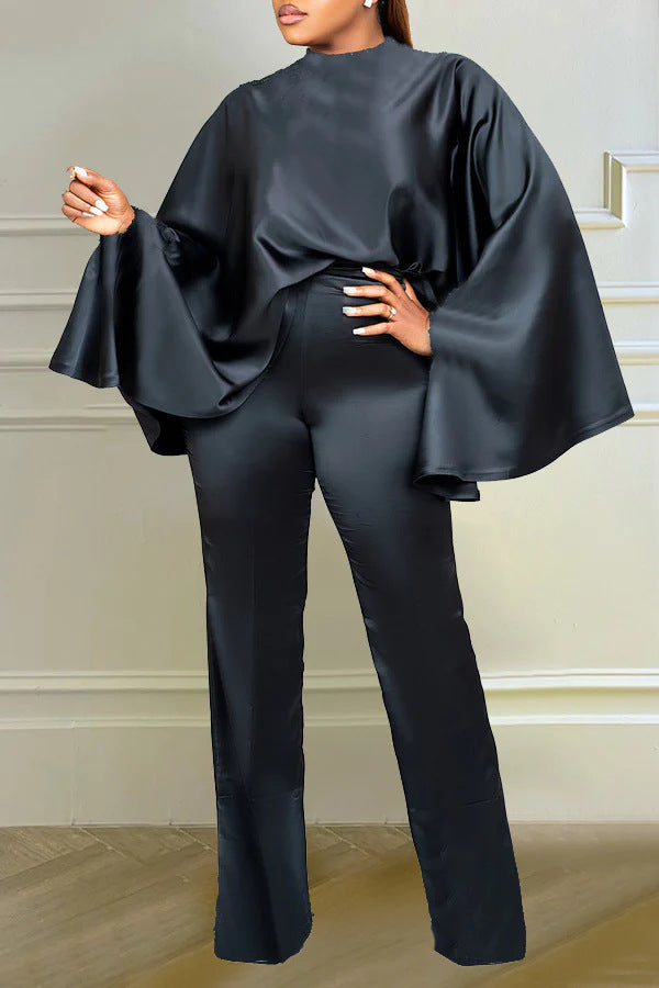 Women stretch Satin long-sleeved cape, two-piece set 3