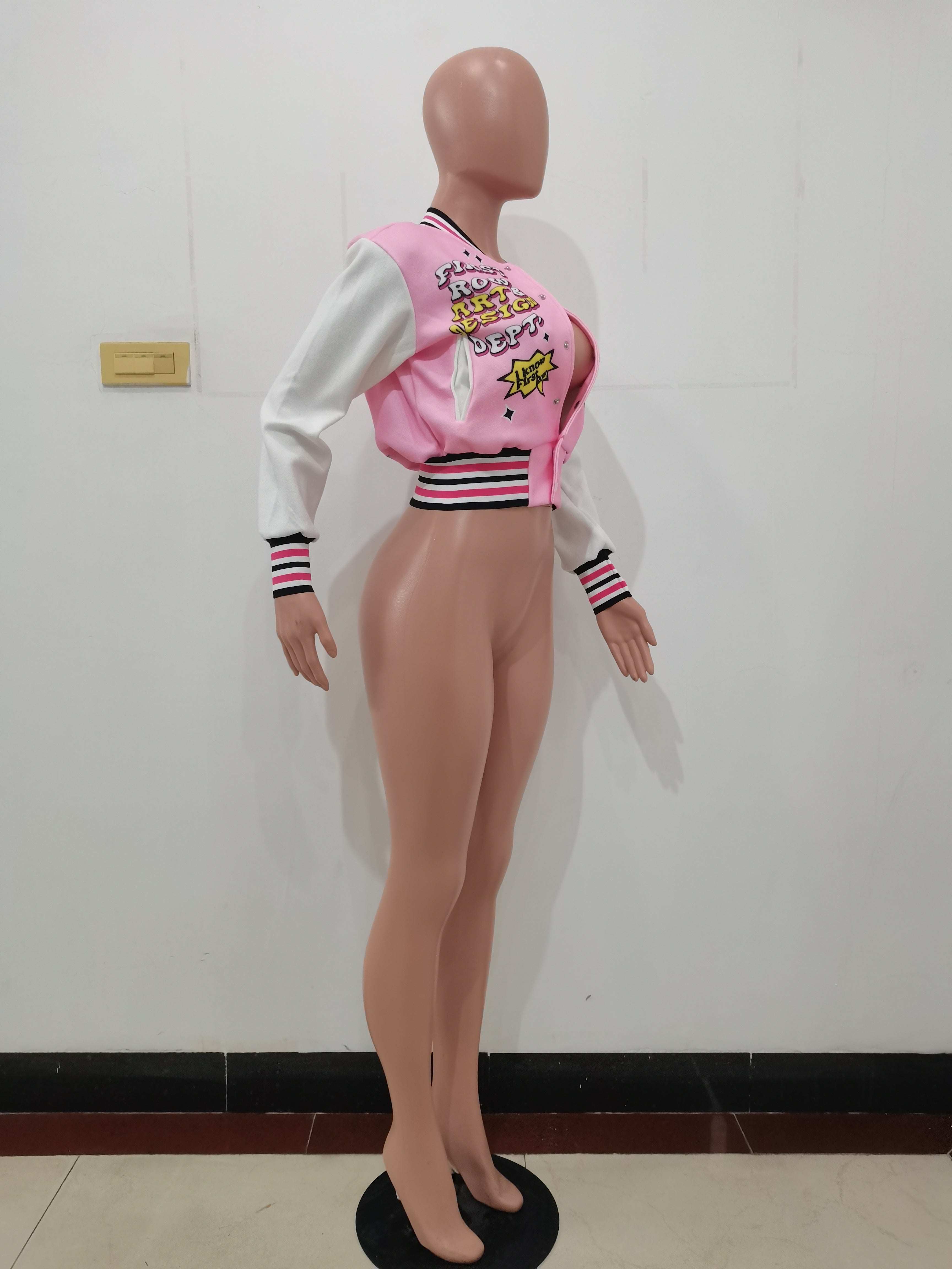 Positioning Print Ribbed Fashion Women's Top Baseball Jacket 14