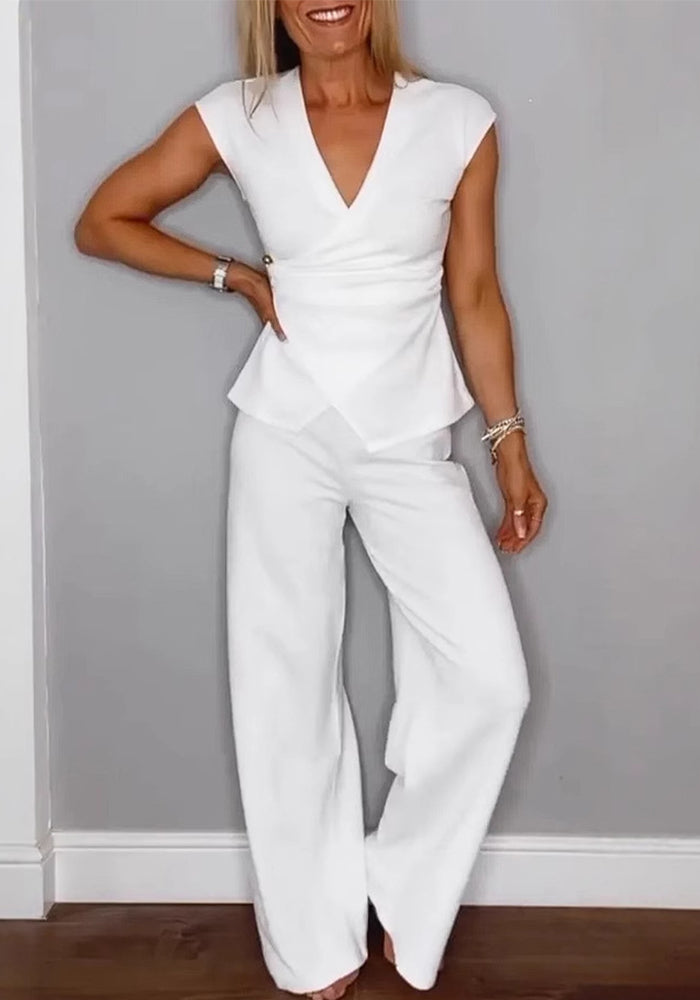 Women summer casual solid v-neck sleeveless top and pants two-piece set