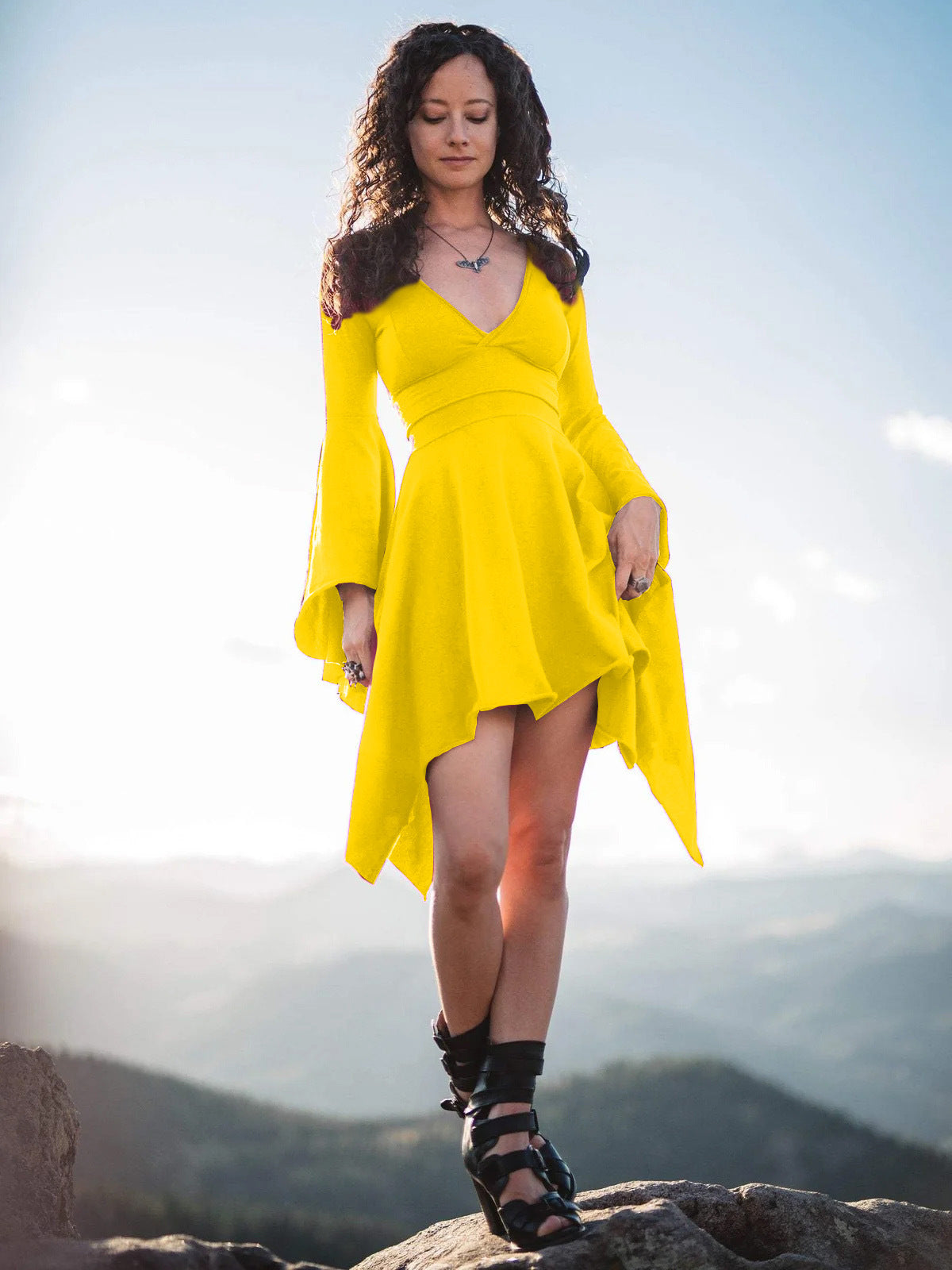 Women's Sexy Deep V Slim Ruffle Sleeve Irregular Dress 21