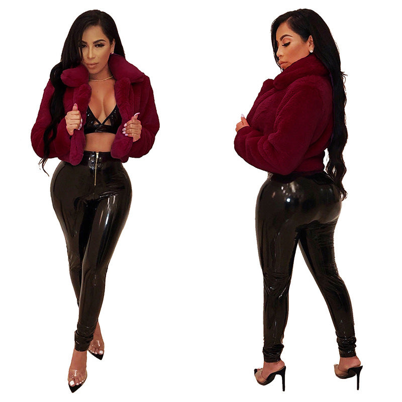 Women Sexy Solid Candy Color Faux furryCrop Jacket 6