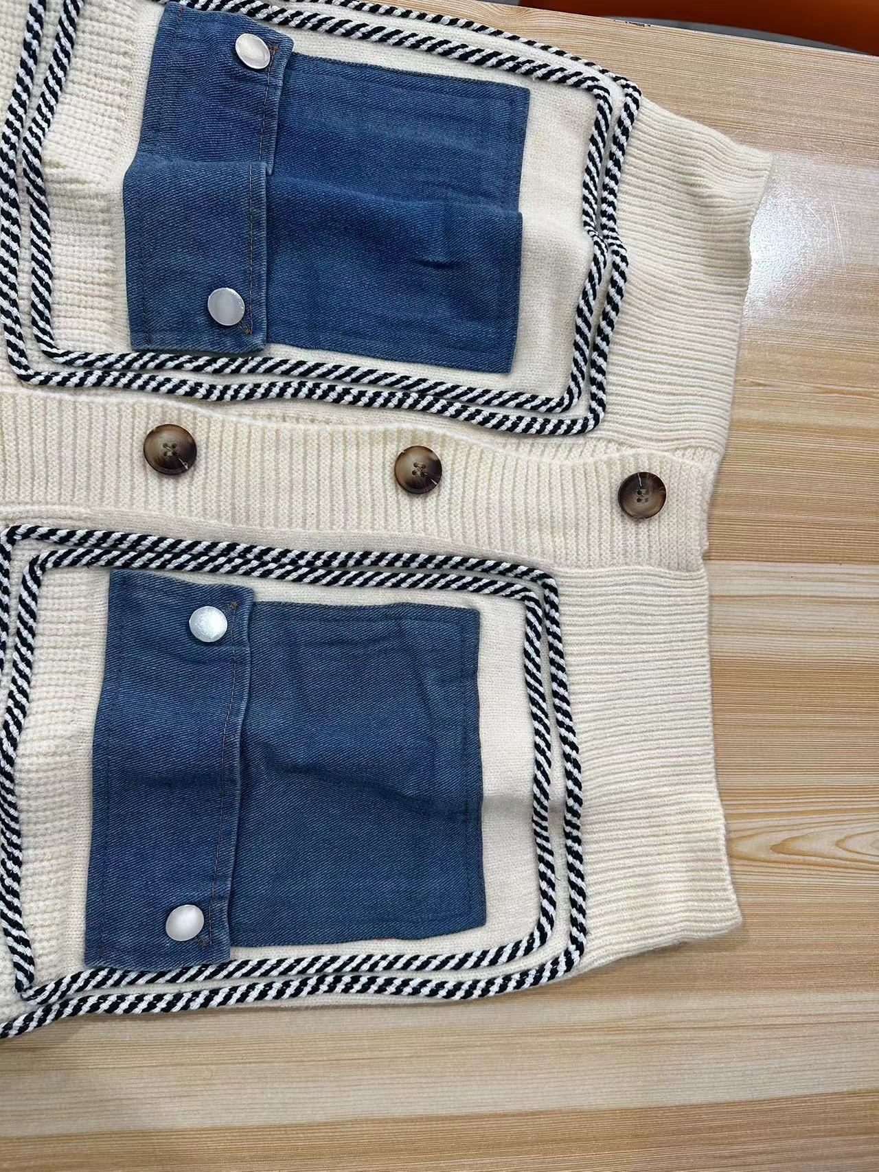 Women Patchwork single-breasted Denim pocket sweater 11