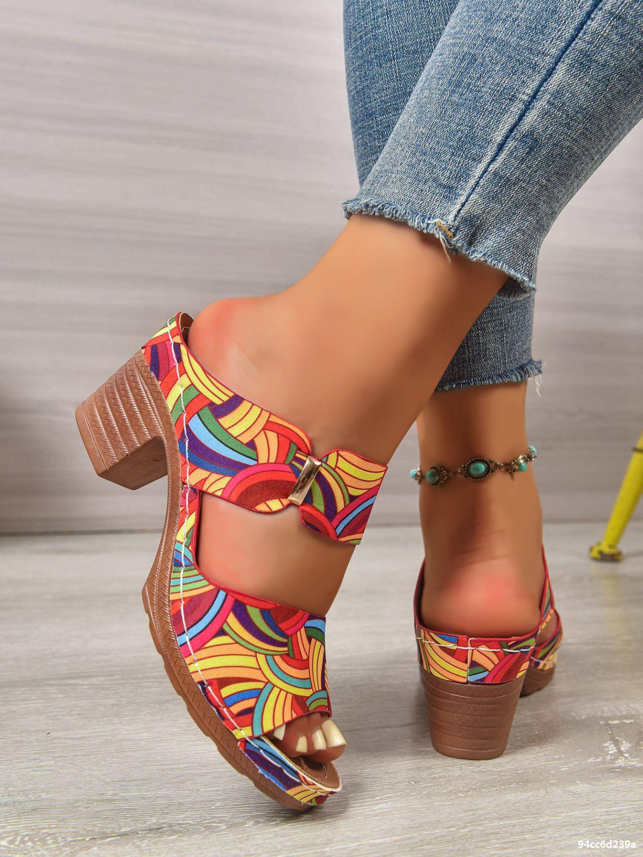 Plus Size Women Graffiti Buckled Lightweight Block Heel Sandals 10