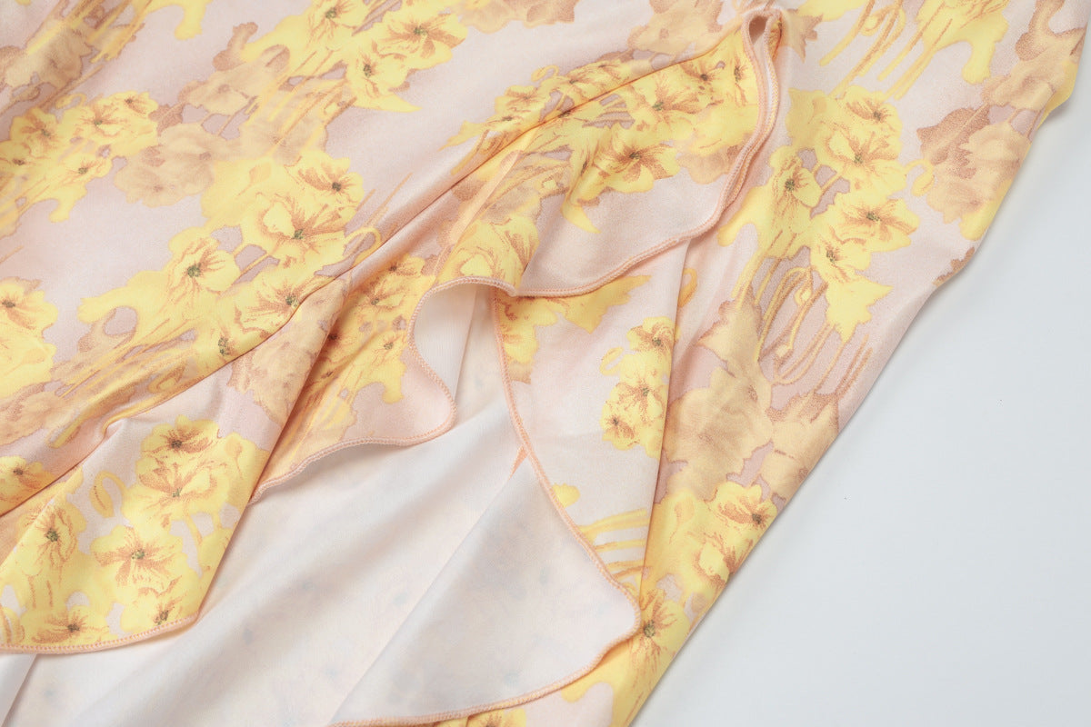 Summer women's sexy chic printed strap slit ruffle long dress 12