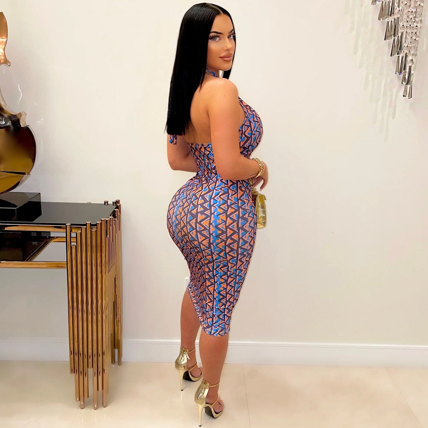 Summer Women's Sexy Tight Fitting Lace-Up Halter Midi Dress For Women 4