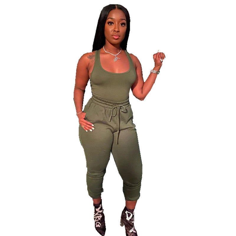 Women's Sexy Solid Vest Drawstring Trousers Two-Piece Set For Women 15