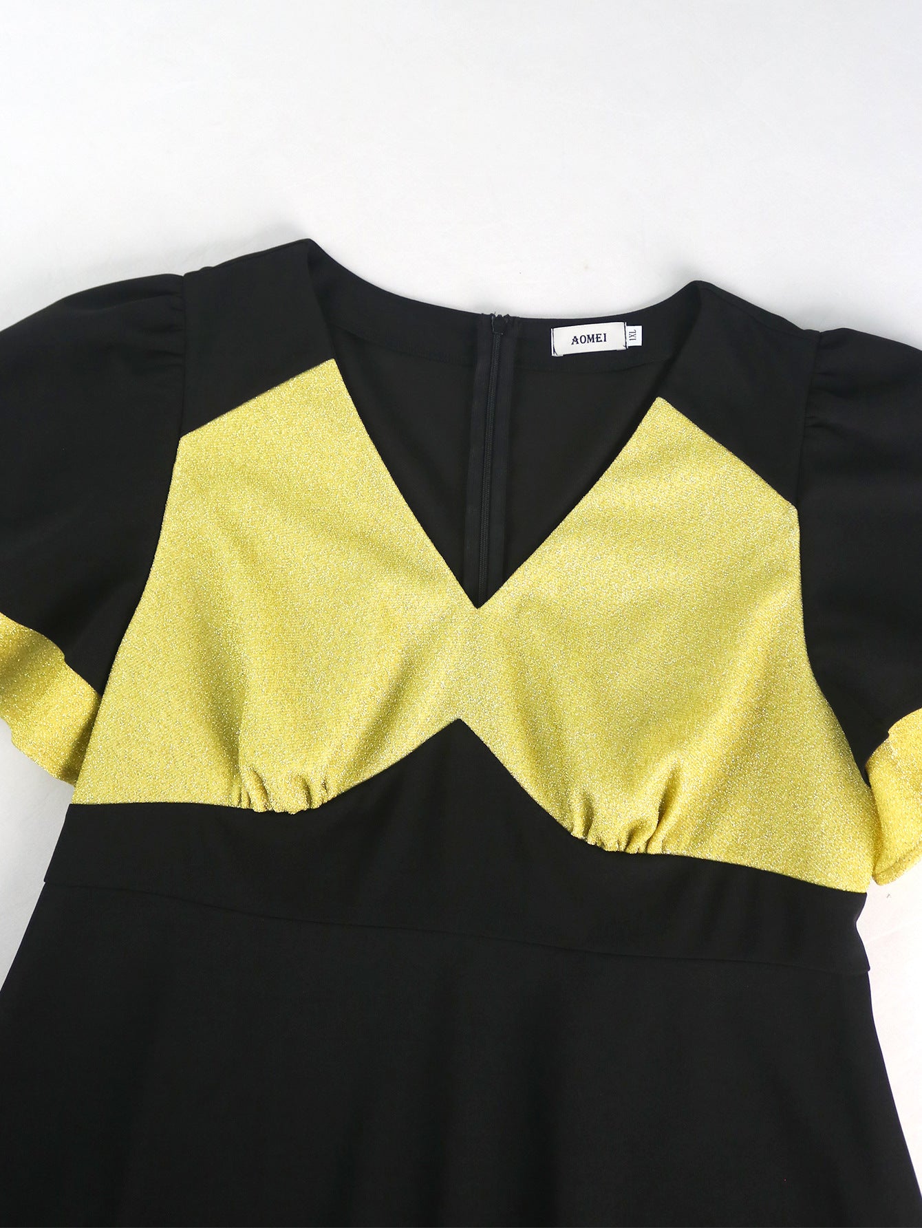 Plus Size Contrast Color Patchwork Ruffle-Sleeve A-Line Black Dress 11