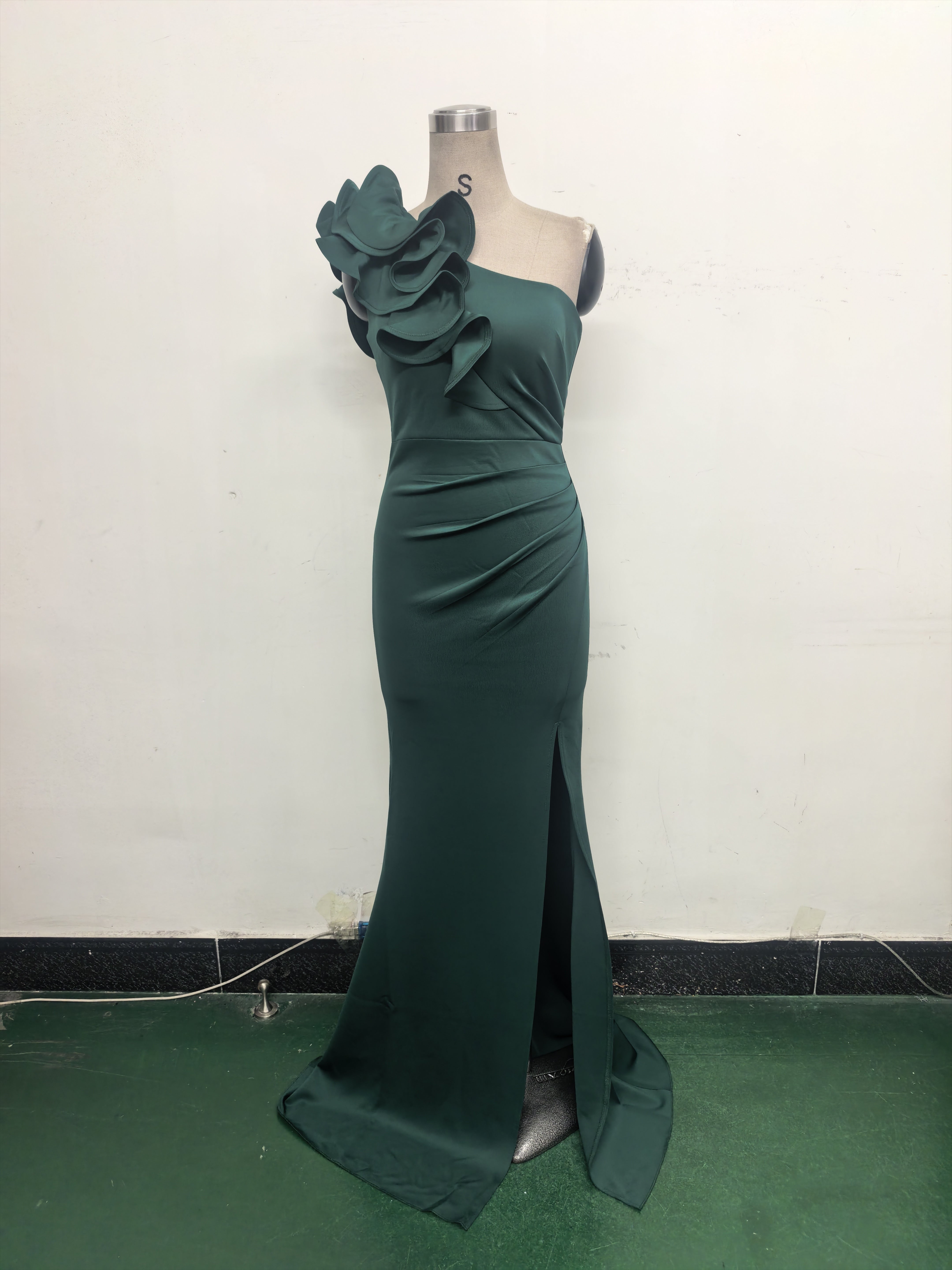 Women One-Shoulder Beaded Wool and Floral Satin Slit Sexy Evening Dress 37