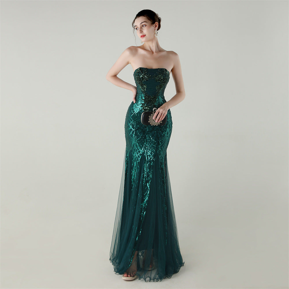 Women Strapless cross Lace-Up sequined tube flower sequined mesh evening dress Formal Party evening dress 45