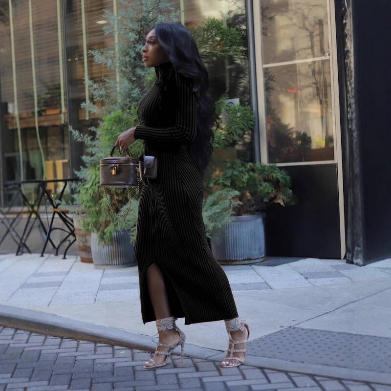 Women Ribbed Thumb-Button Long-Sleeved Sexy Zipper Dress 3