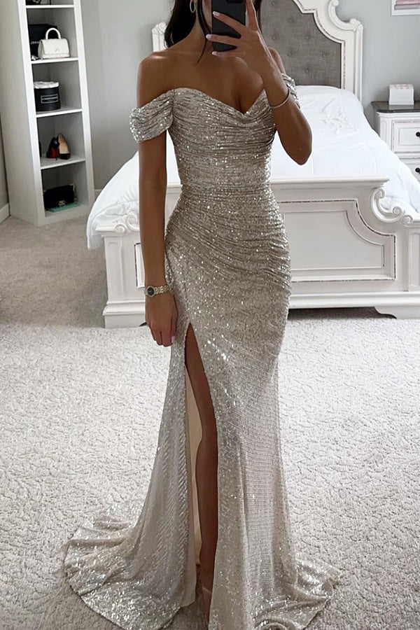 Women Sequin Off Shoulder Slit Dress 4