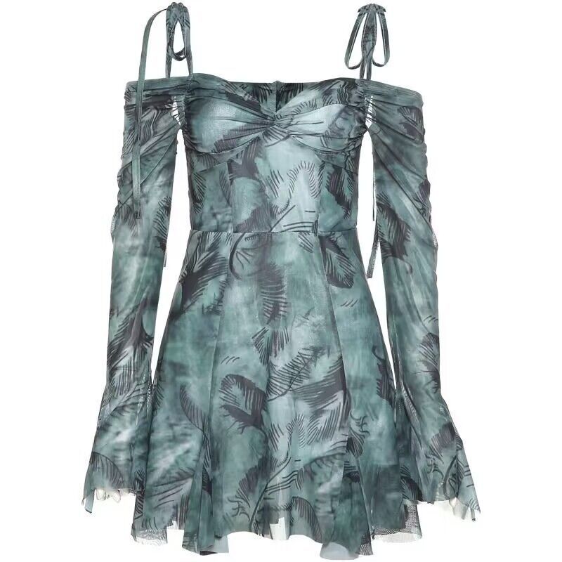 Women Summer Sexy Off Shoulder Bell Bottom Sleeve Print Strap Dress 8