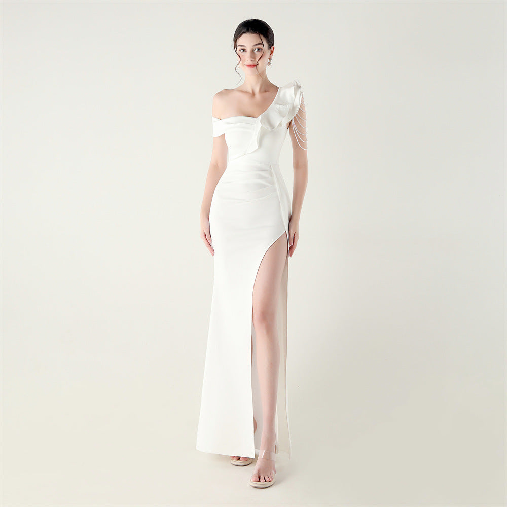 Women pleated one-shoulder beaded ruffle fishtail formal party evening dress