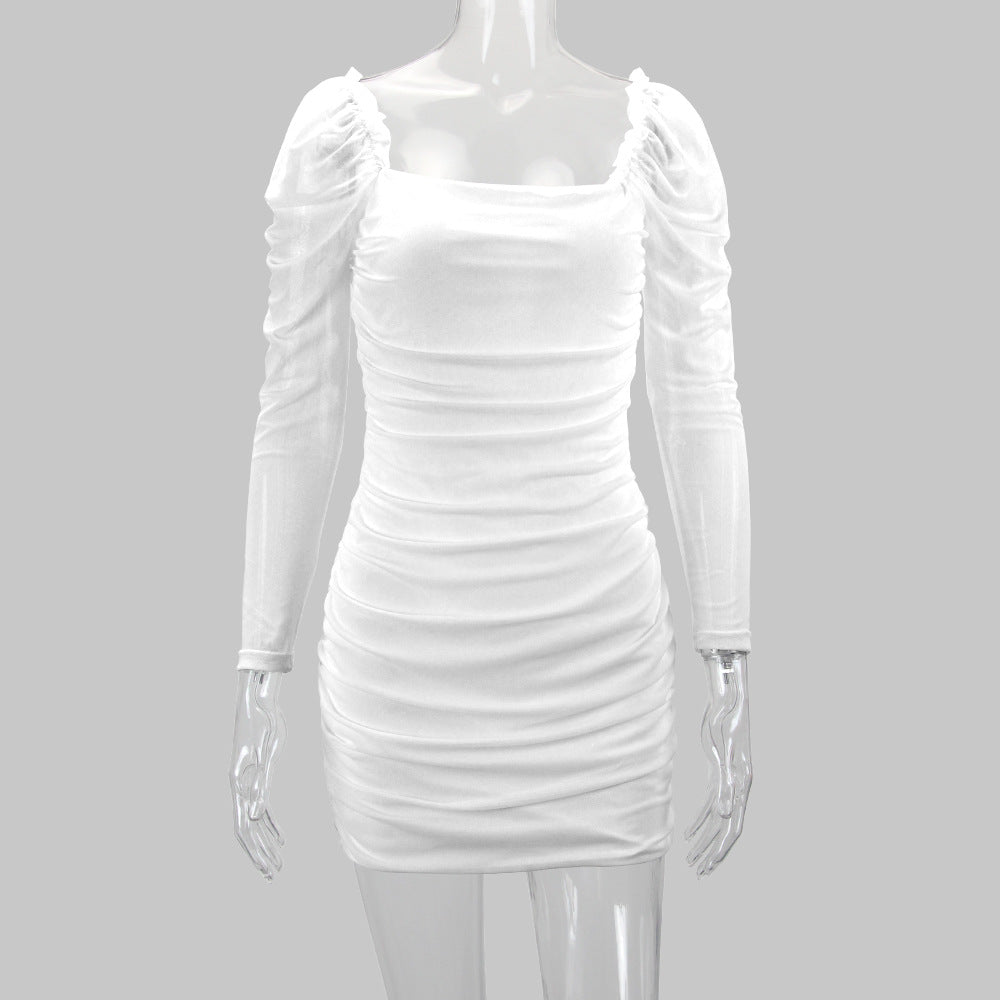 Spring Summer Women's Sexy Square Neck Mesh Long-Sleeved Bodycon Dress 13