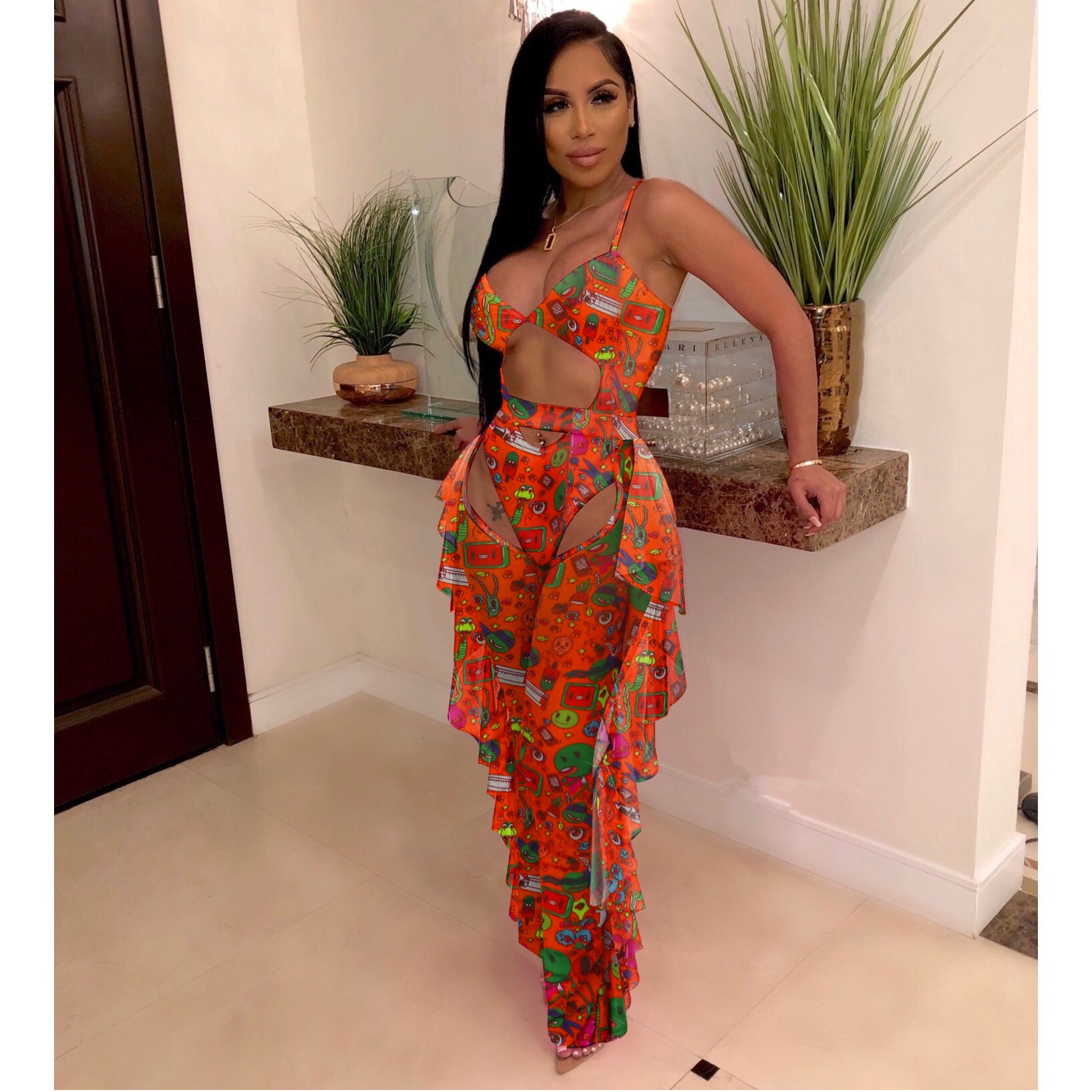 Sexy Women's Solid Color Printed One Piece Swimsuit Mesh Pants Two-Piece Set 5