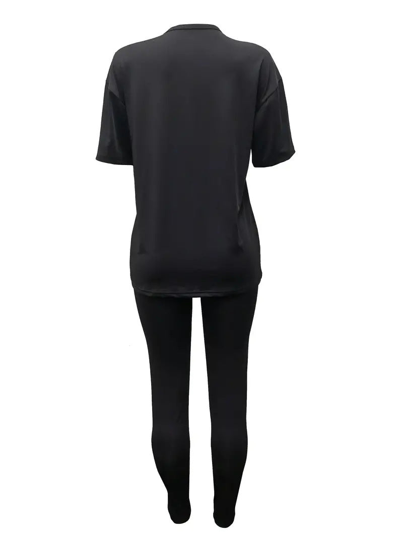 Women's Letter Prints Round Neck Casual T-Shirt Shorts Two Pieces Set 7