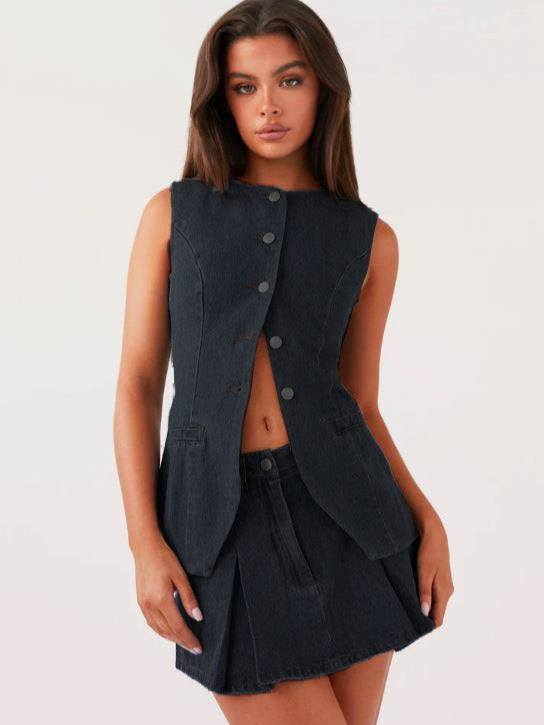 Summer Fashion Casual Sleeveless Denim Vest High Waist Short Skirt Women's Two Piece Set 5