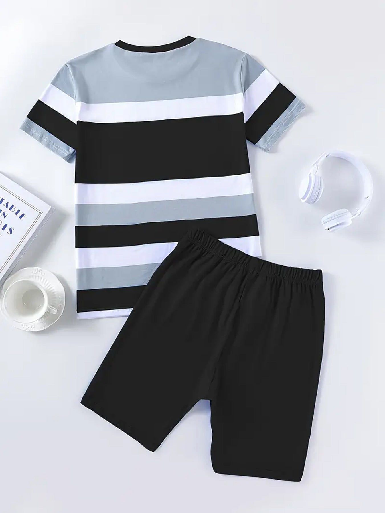 Women's Striped Print Short-Sleeve Sporty Two-Piece Shorts Set 11