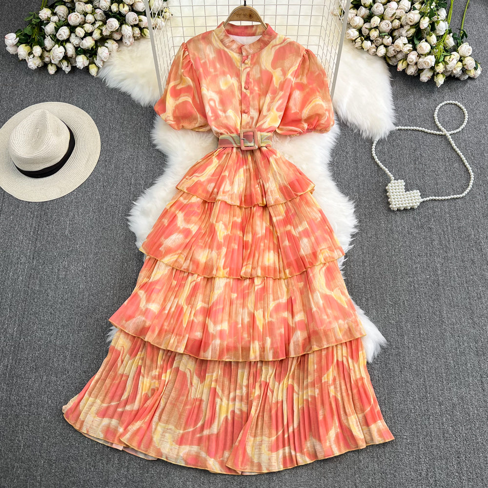 Puff Sleeve Stand Collar Slim Waist Tie-Dye Print A-Line Layer Dress 4