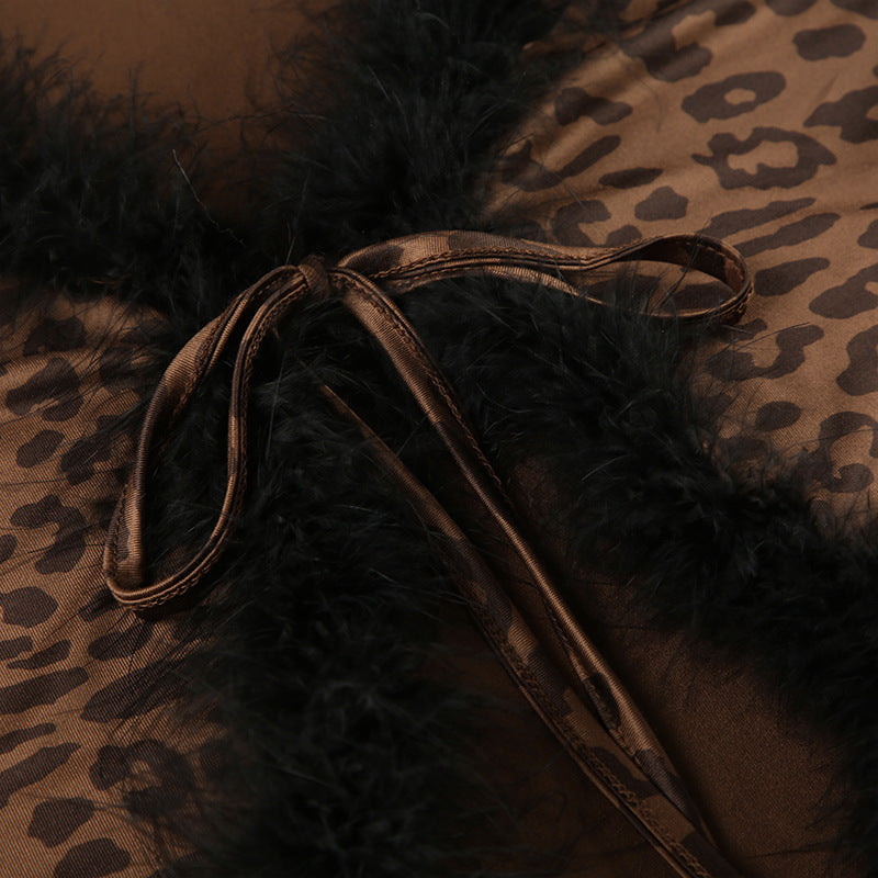 Fashionable Sexy Fur Patchwork Leopard Print Long-Sleeved Top Slim Mini Skirt Two-Piece Set 13