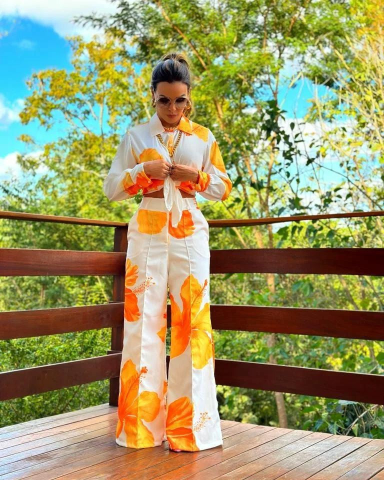 Women printed shirt and wide-leg pants Casual two-piece set 4