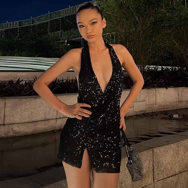 Nightclub Women's Clothing Fashionable Sexy Low Back Deep V Slit Sequins Dress 5