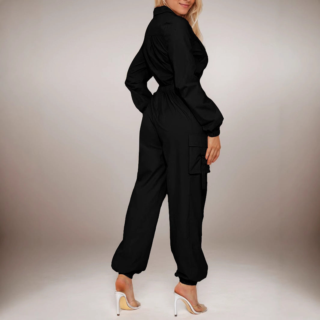 Fashion Women Pocket Elastic Slim Waist Zipper Cargo Jumpsuit