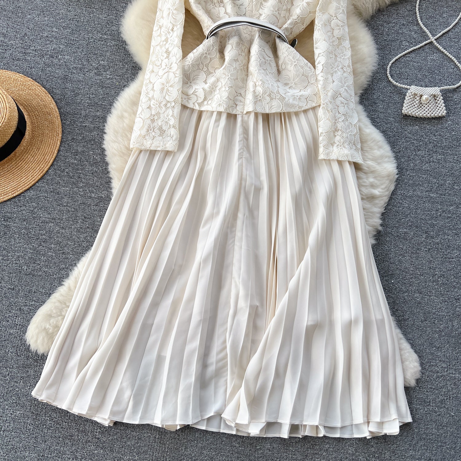 Women French Beaded Metal Button Square Collar Lace Patchwork Pleated Dress 16