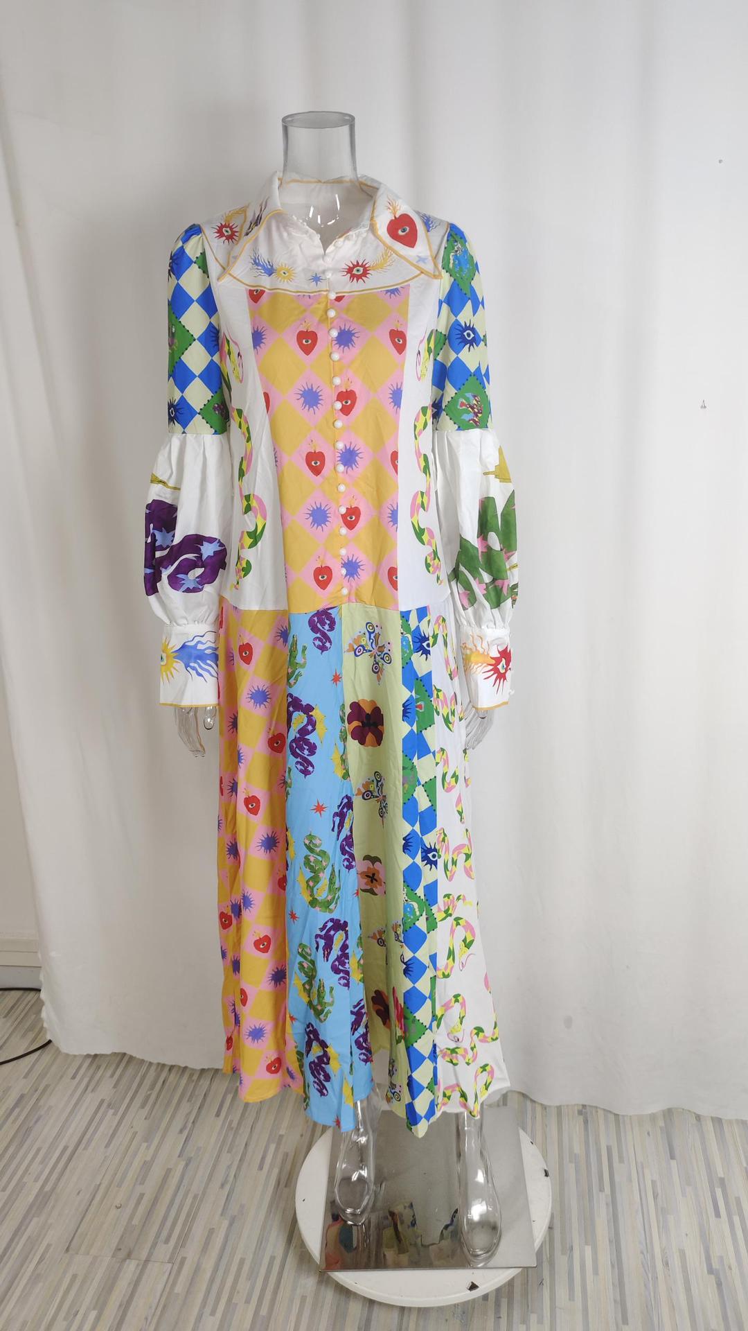 Women Chic Balloon Sleeve Turndown Collar Long Sleeve Dress 28