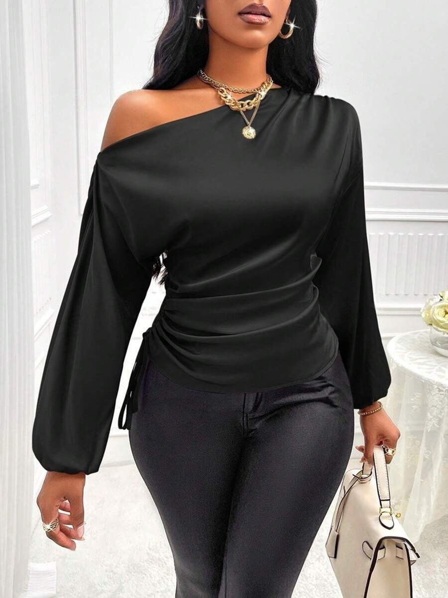 Women's Satin Shirt Asymmetric Slash Shoulder Long-Sleeve Blouse