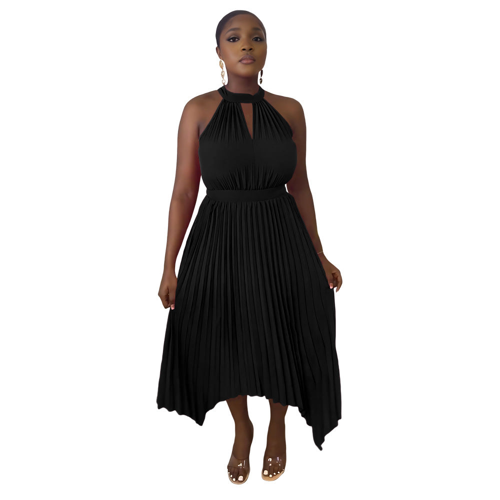 Women Casual Sleeveless Clipped Pleated Halter Neck Dress 11