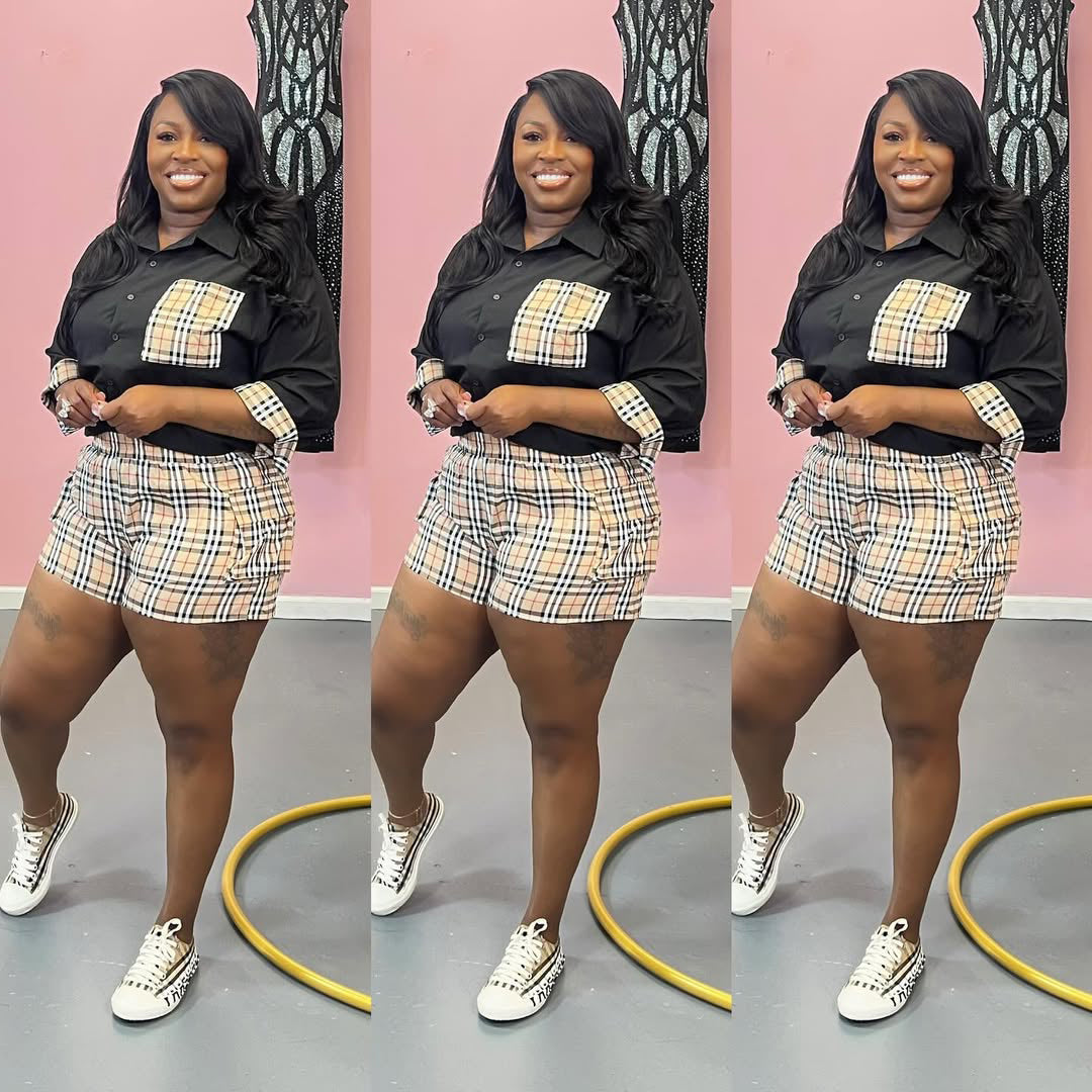 Women's Fashion Fitted Shirt Multi-Pocket Checkered Shorts Set 3