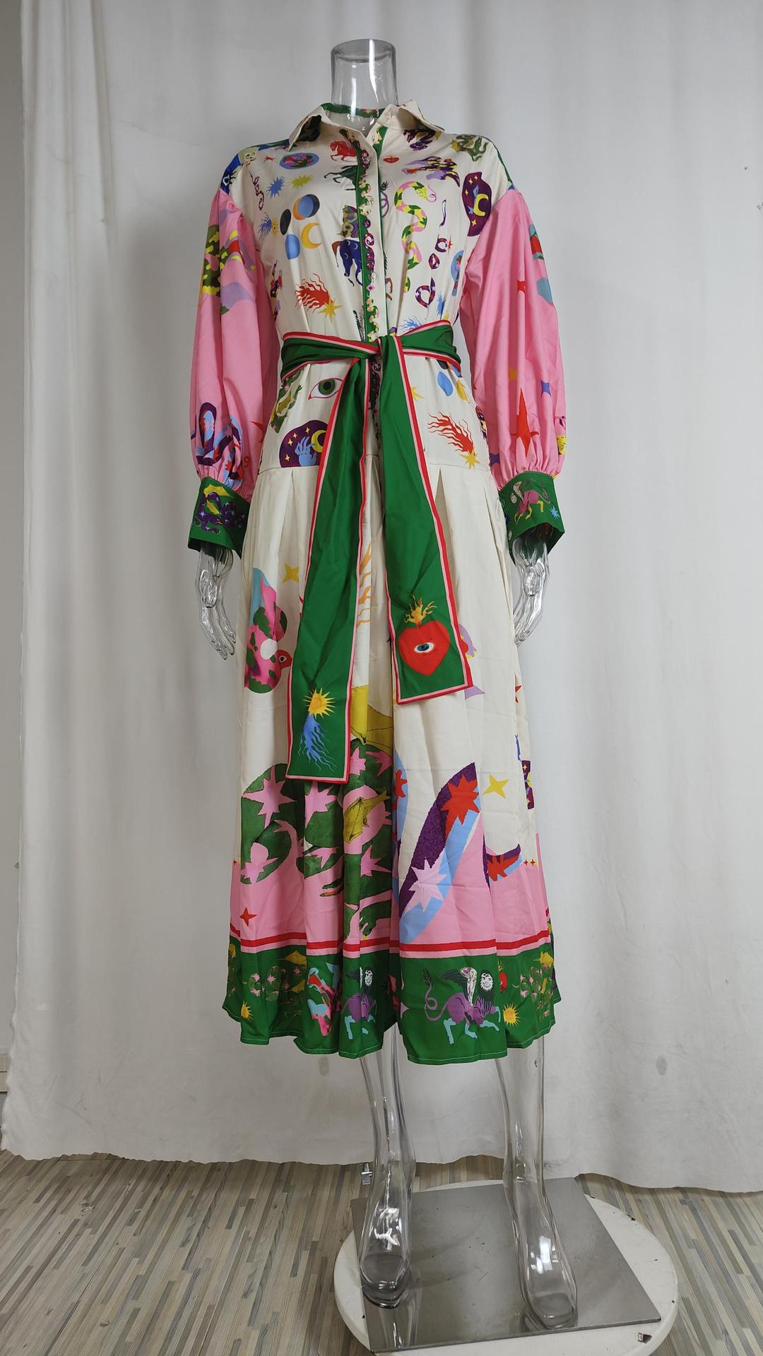 Women Chic Balloon Sleeve Turndown Collar Long Sleeve Dress 34