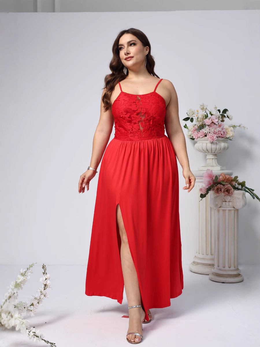 Plus Size Women Solid Sling Backless Slit Dress 6